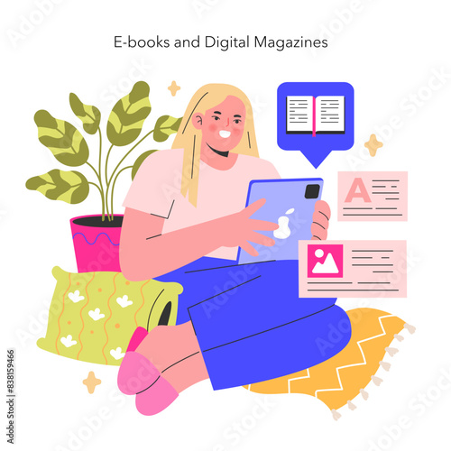 E-books and Digital Magazines concept A reader dives into the world of digital literature, surrounded by the comforts of home Embracing the future of reading Vector illustration
