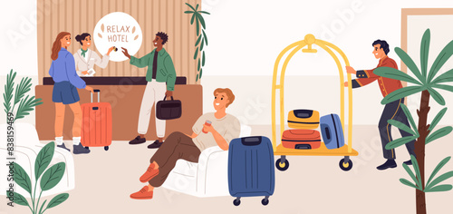 Hotel reception. Guests resting in lobby. People waiting for settlement. Hospitality service. Porter carrying luggage. Receptionist with keys. Guesthouse hall. Garish vector concept