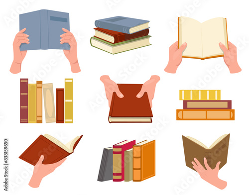 Hands with open and closed books. People carrying textbooks stack. Arms holding encyclopedia. Reading novel. Different projections. Literature lovers with volumes. Library vector set