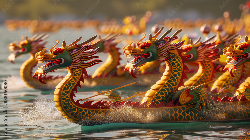 Obraz premium Colorful dragon boats racing with vigor on a shimmering watercourse.
