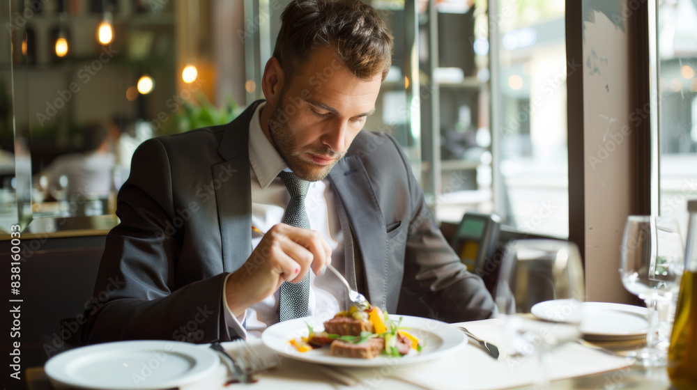 Businessman savoring a gourmet meal alone in an upscale restaurant. Businessman savoring a gourmet meal alone in an upscale restaurant.