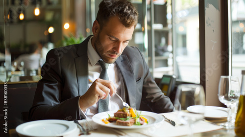 Businessman savoring a gourmet meal alone in an upscale restaurant.