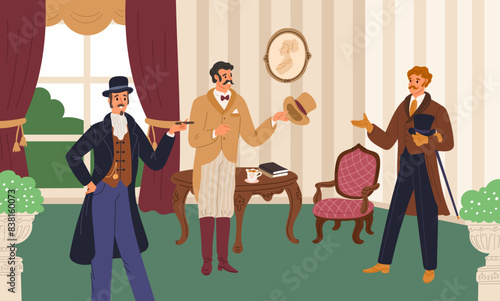 Gentlemen talking in vintage interior. Retro men smoking cigars. Dandies conversation. Aristocrats in tuxedos. 19th century European fashion. Victorian suits. Garish vector concept