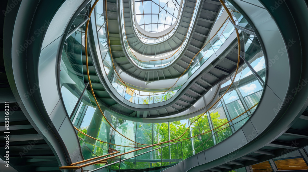 Fototapeta premium The graceful curves of a modern helical staircase spiral upwards beside lush greenery and glass.
