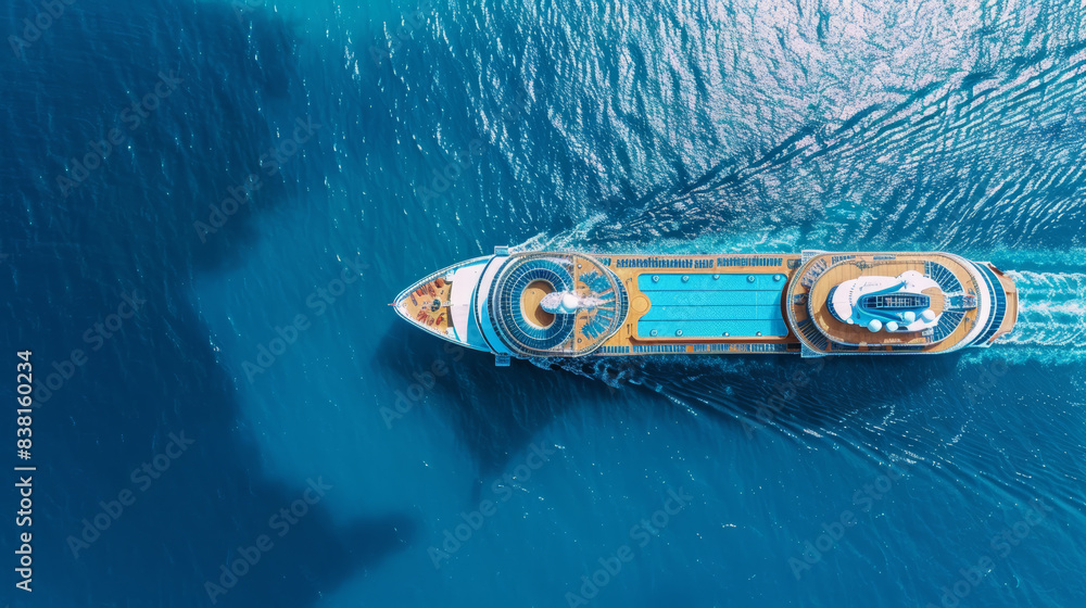 Aerial view of a majestic cruise ship sailing across crystal-blue waters. Aerial view of a majestic cruise ship sailing across crystal-blue waters.