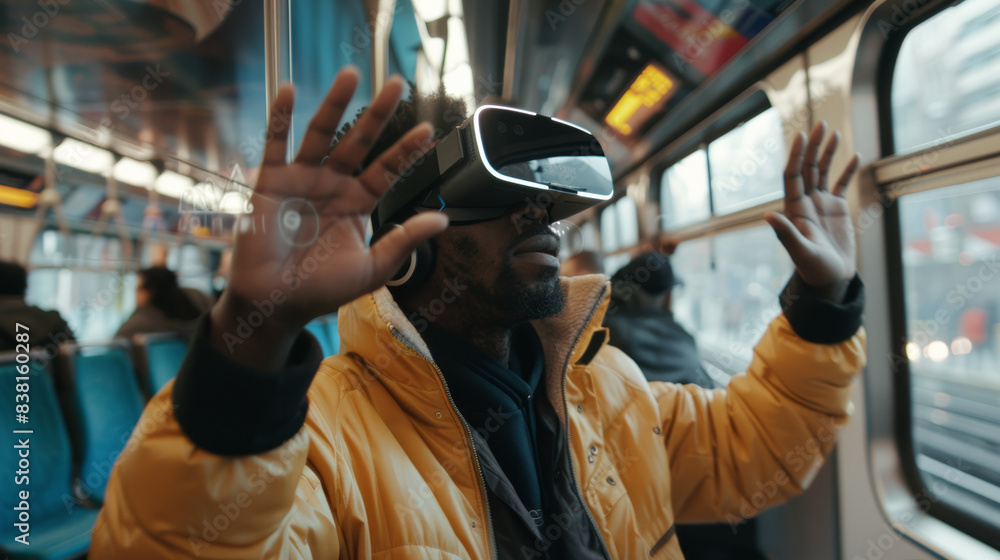Man with VR headset gestures while immersed in a virtual realm on a city train. Man with VR headset gestures while immersed in a virtual realm on a city train.