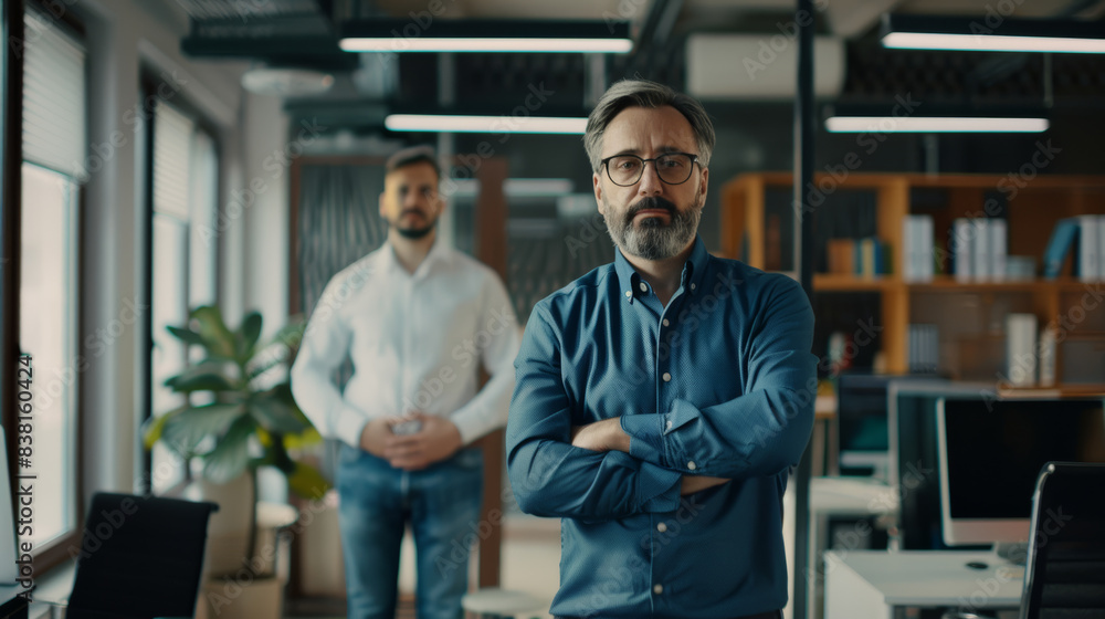 Two professional men in an office; one in foreground crossing arms with authority. Two professional men in an office; one in foreground crossing arms with authority.