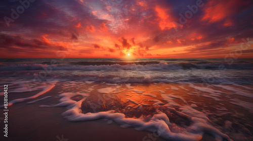 A breathtaking sunset over the ocean, with vibrant hues of orange and pink painting the sky above an empty beach in Florida. 