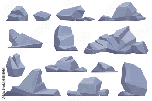Cartoon rocks and stones. Gray boulders. Granite gravel. Cracked cobbles. Geology minerals. Different sizes. Polygonal rocky objects. Natural geological shapes. Mountain pieces vector set