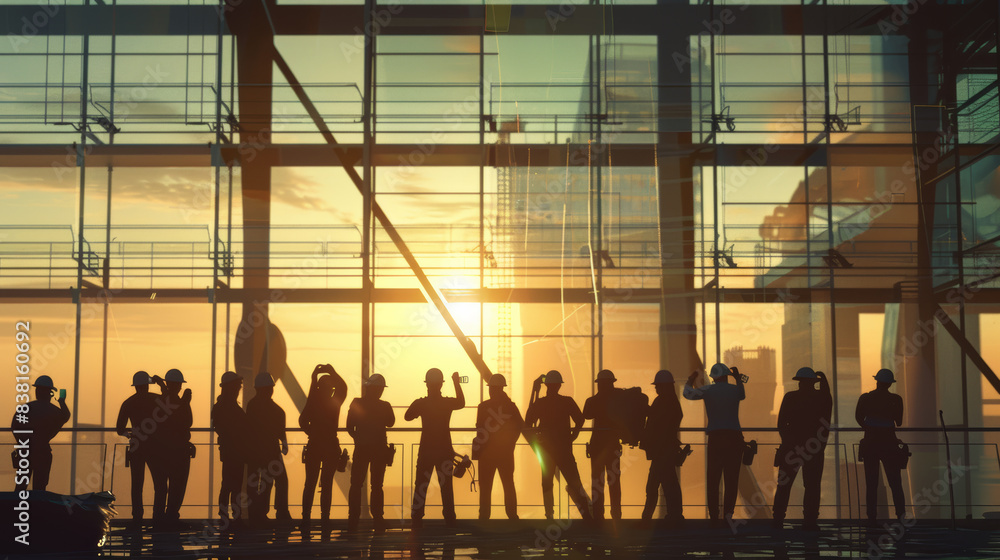 Silhouetted workers at sunrise, framed by a highrise's skeletal structure. Silhouetted workers at sunrise, framed by a highrise's skeletal structure.