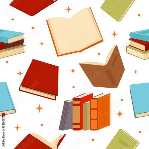 Books seamless pattern. Fiction and educational literature volumes. Repeated print. Open and closed paper pages. Textbooks stack. Hardcover leather bindings. Vector library background
