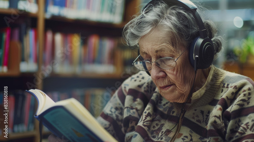 An elder woman enjoys an audiobook with headphones, deeply immersed in a captivating story. photo