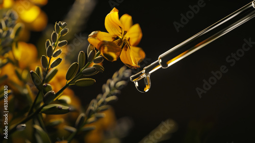 Dropper gentling releasing liquid onto a vibrant yellow flower, evoking botanical precision. photo