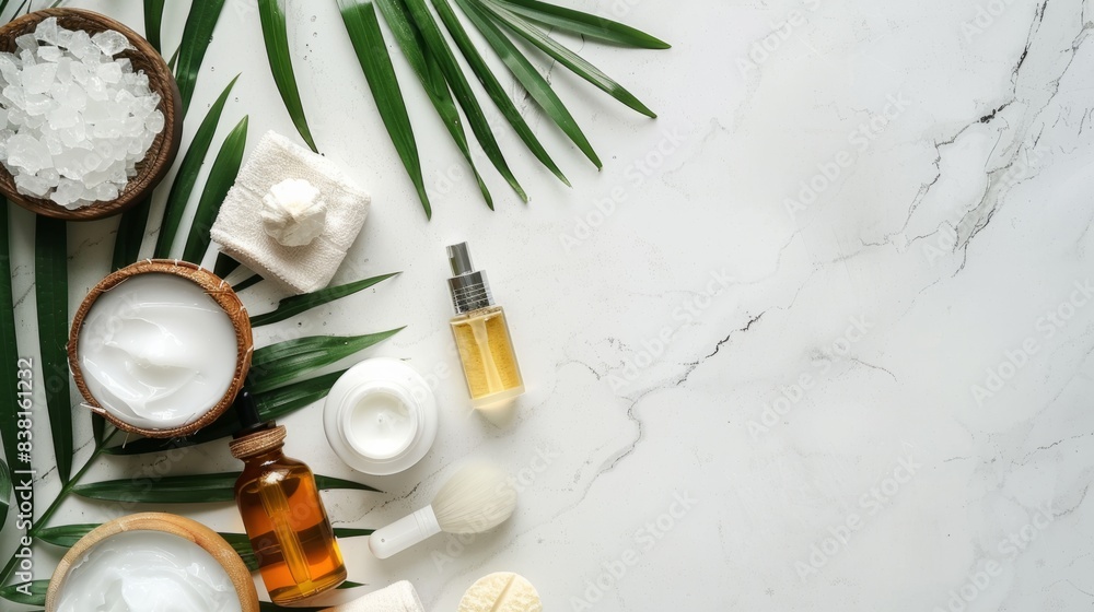 Spa products and tropical leaves on white marble table. generative ai Spa products and tropical leaves on white marble table. generative ai