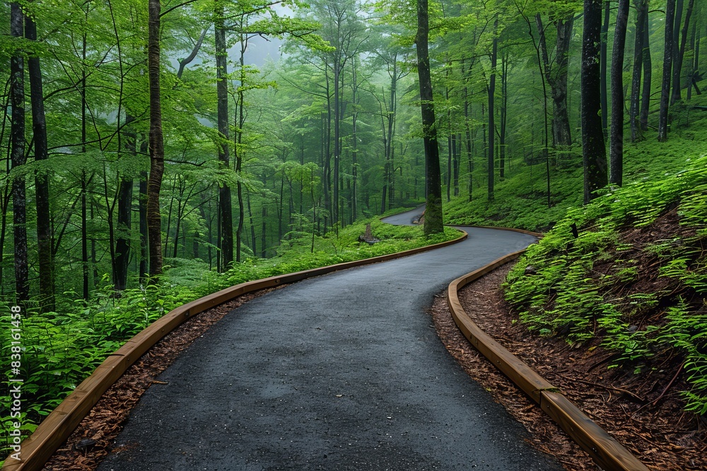 Obraz premium Winding Paved Path Through A Misty Green Forest