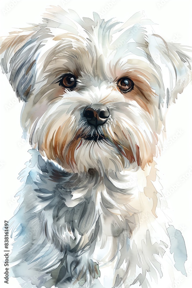 A beautifully detailed watercolor painting of a small, fluffy white dog with brown markings, showcasing its expressive eyes and gentle demeanor. A beautifully detailed watercolor painting of a small, fluffy white dog with brown markings, showcasing its expressive eyes and gentle demeanor.