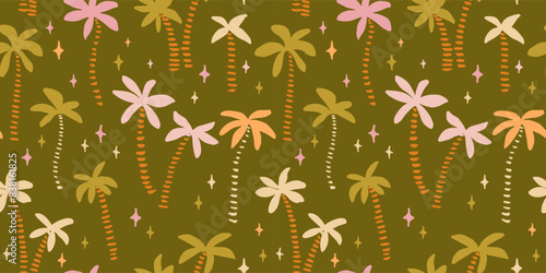 Seamless pattern with ink doodle Palm trees. Trendy tropical background. Hand drawn vector illustration. Boho, beach , jungle wallpaper. 