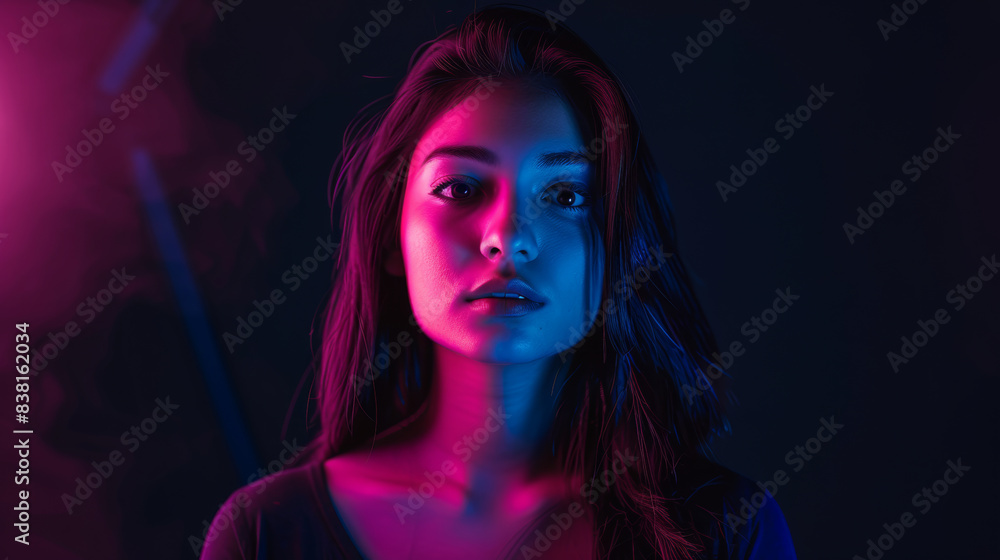 Dramatic portrait with neon lighting highlighting sharp features.