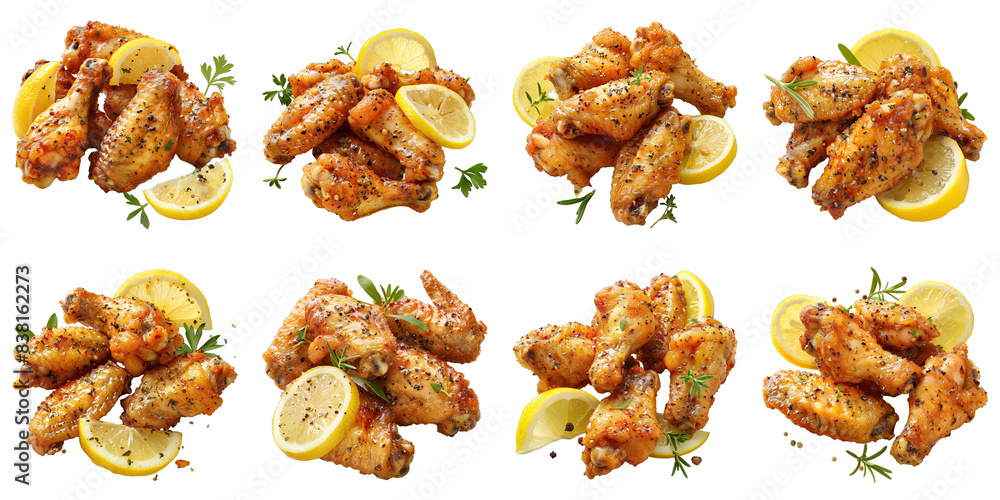 Collection of Lemon Pepper Fried Chicken Wings isolated on transparent png background. Generative ai Collection of Lemon Pepper Fried Chicken Wings isolated on transparent png background. Generative ai