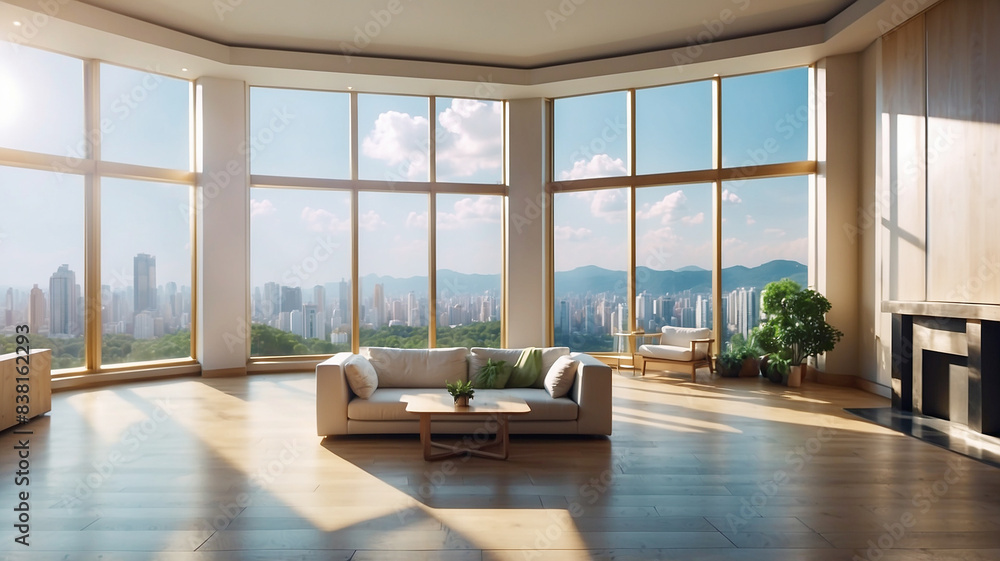 A large sunny room with wide top background views A large sunny room with wide top background views
