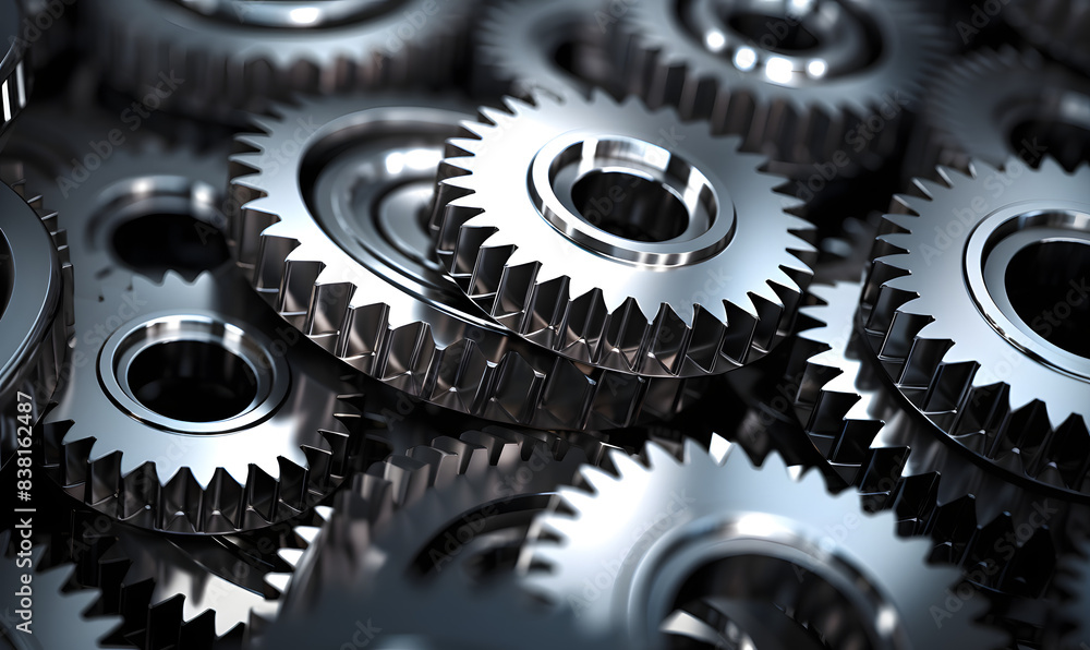 A complex pattern of interlocking 3D gears and machine parts, showcasing mechanical engineering and industrial design A complex pattern of interlocking 3D gears and machine parts, showcasing mechanical engineering and industrial design
