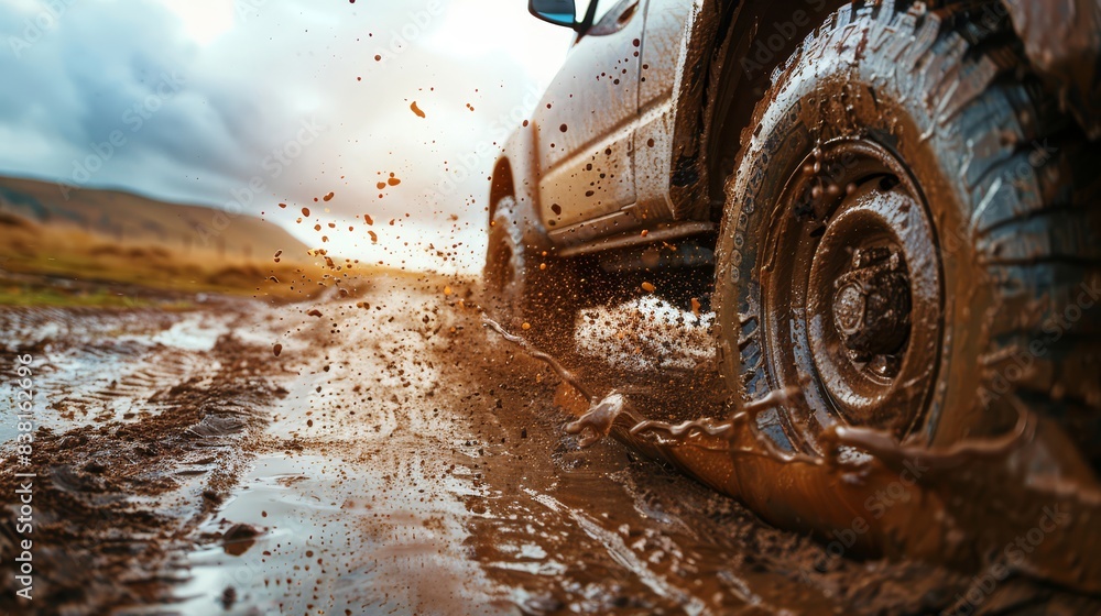 A car driving through a muddy trail with tires kicking up dirt emphasizing traction and toughness focus on offroad adventure theme surreal composite rugged landscape backdrop A car driving through a muddy trail with tires kicking up dirt emphasizing traction and toughness focus on offroad adventure theme surreal composite rugged landscape backdrop