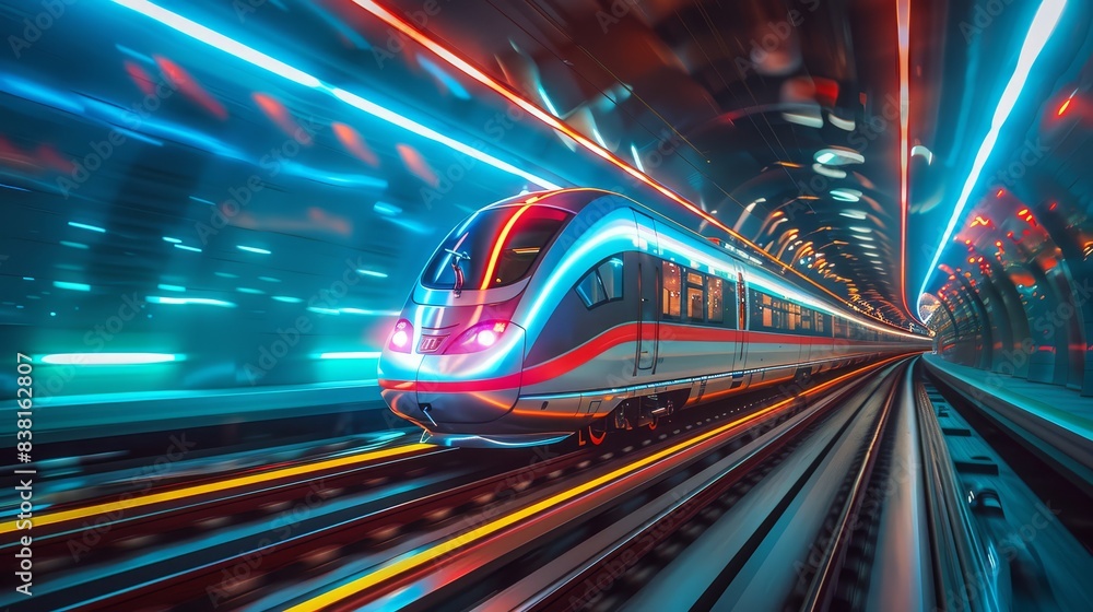 A highspeed train zooming through a tunnel with lights creating streaks of color close up speed and efficiency theme dynamic blend mode underground backdrop. realistically A highspeed train zooming through a tunnel with lights creating streaks of color close up speed and efficiency theme dynamic blend mode underground backdrop. realistically