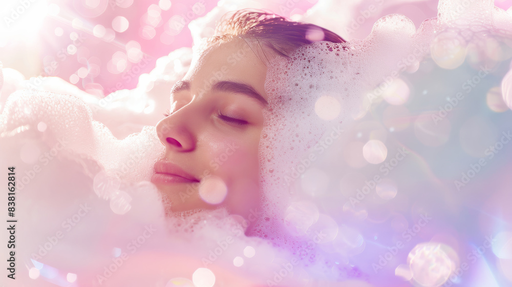 Tranquil moment captured as a woman relaxes in a luminescent bubble bath. Tranquil moment captured as a woman relaxes in a luminescent bubble bath.