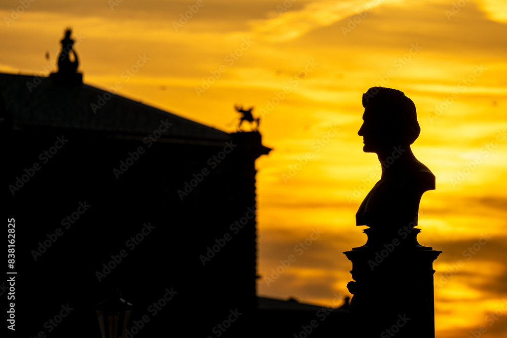 Silhouette of Bust and Dresden Architecture at Sunset Silhouette of Bust and Dresden Architecture at Sunset