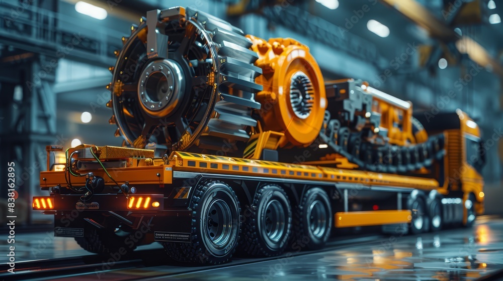 Fototapeta premium A truck transporting oversized machinery parts highlighting the engineering and logistics involved close up industrial transport theme realistic overlay factory backdrop