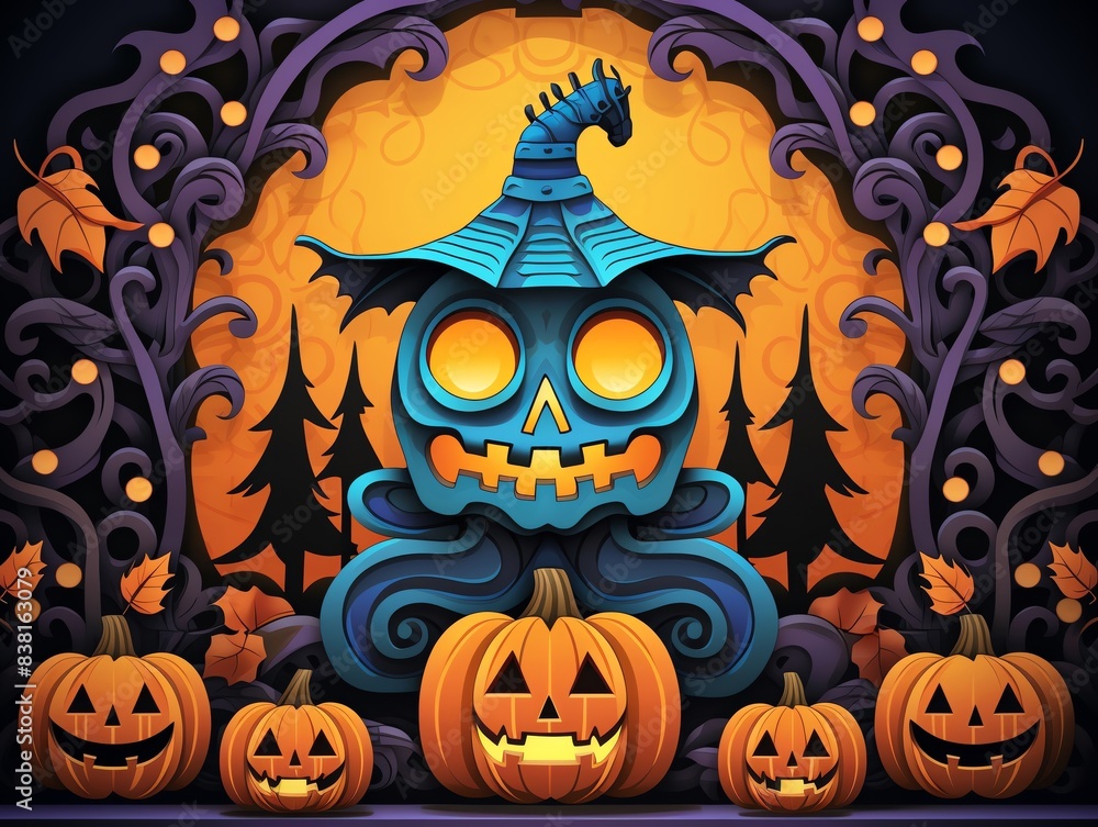 A whimsical Halloween scene with a blue pumpkin wearing a witch hat surrounded by other jack-o-lanterns. A whimsical Halloween scene with a blue pumpkin wearing a witch hat surrounded by other jack-o-lanterns.