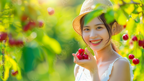 Portrait of a smiling woman in a cherry orchard  bright sunlight