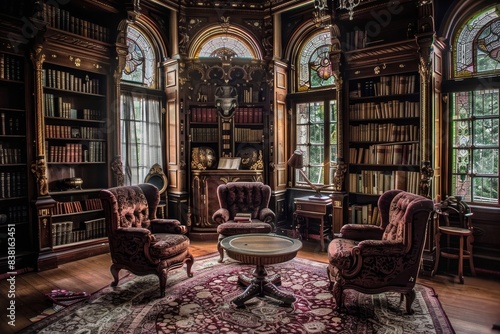 Elegant Victorian reading room with ornate furniture and bookshelves lining the walls generated by AI