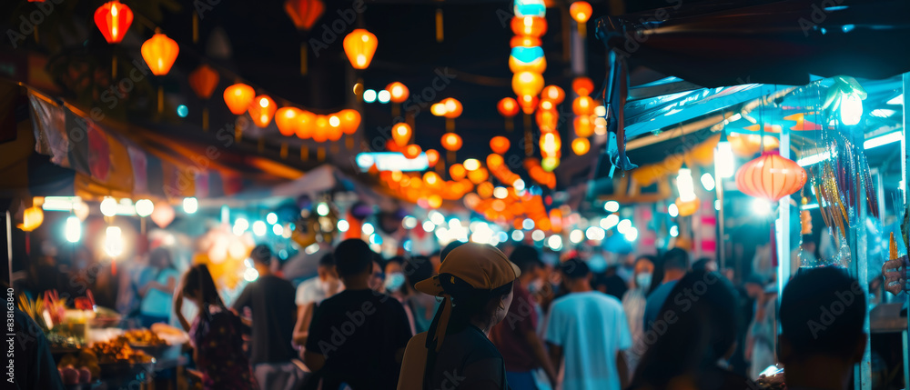 Bustling night market illuminated with vibrant lanterns. Bustling night market illuminated with vibrant lanterns.