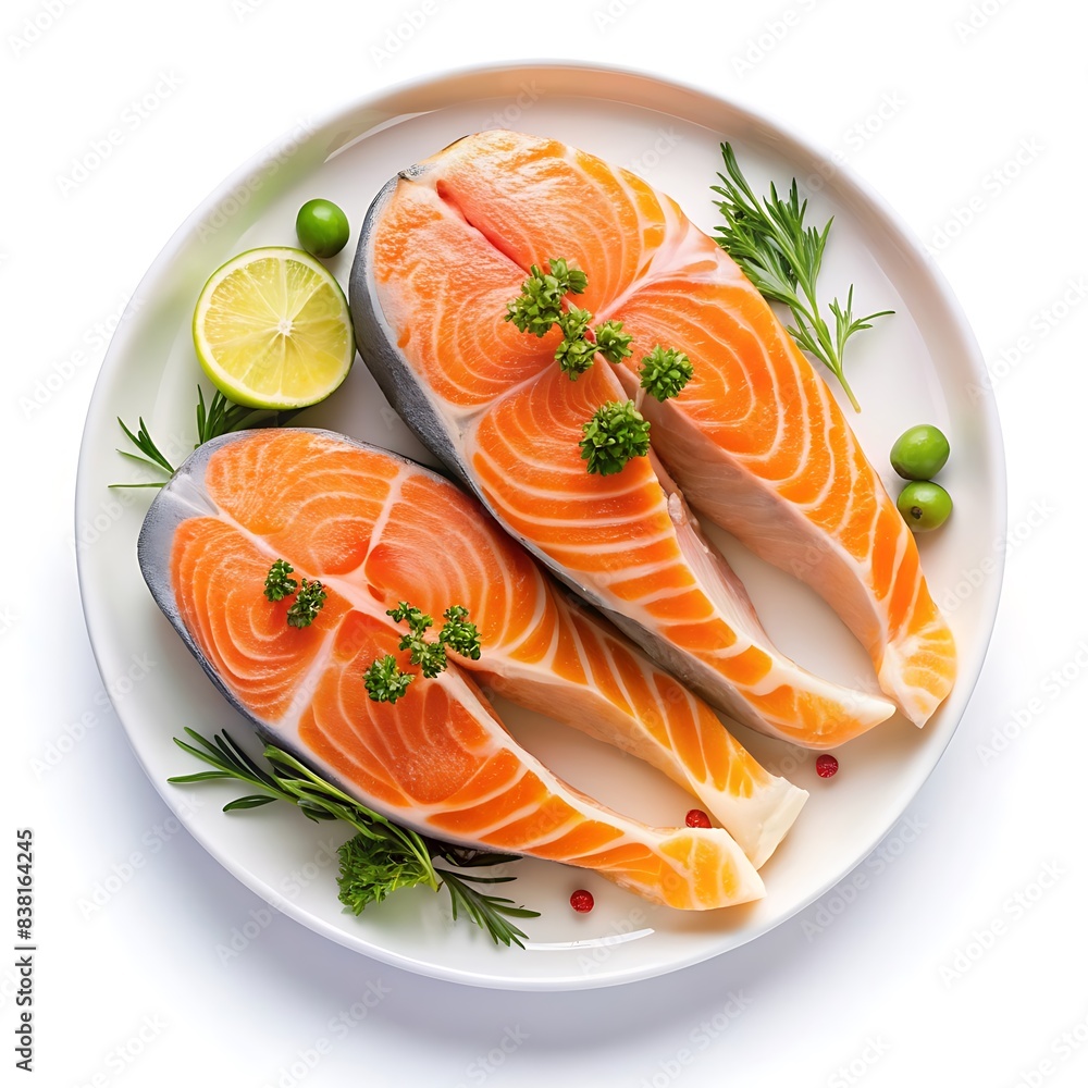 Raw salmon steaks in plate on white background Raw salmon steaks in plate on white background