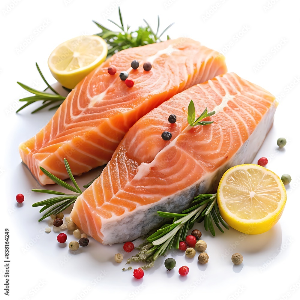 Raw salmon steaks in plate on white background Raw salmon steaks in plate on white background