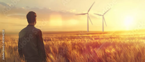 Solitary figure gazes at wind turbines during a radiant sunset  embracing renewable energy.