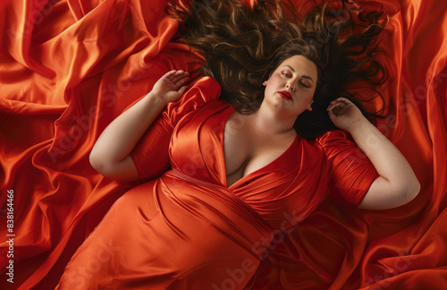beautiful woman, plus size , laying on red silk bed with flowing fabric © Kien