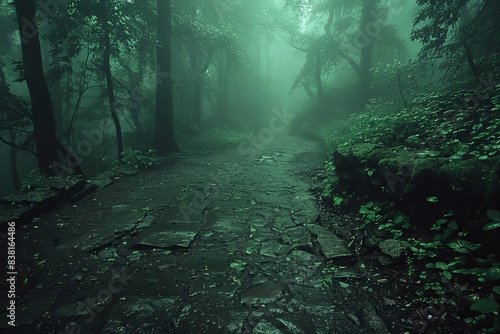 Foggy Forest Path Through Tall Trees on a Cloudy Day