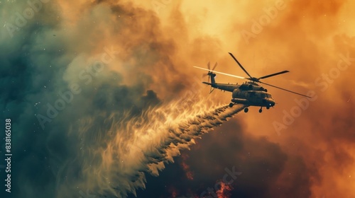 Photo of a water-carrying helicopter flying over fire and smoke to extinguish wildfires.