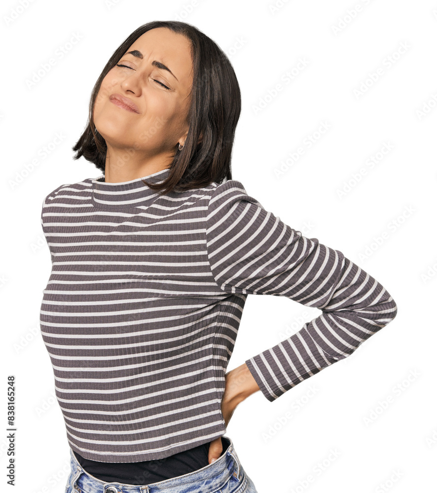 Young Caucasian woman with short hair suffering a back pain. Young Caucasian woman with short hair suffering a back pain.
