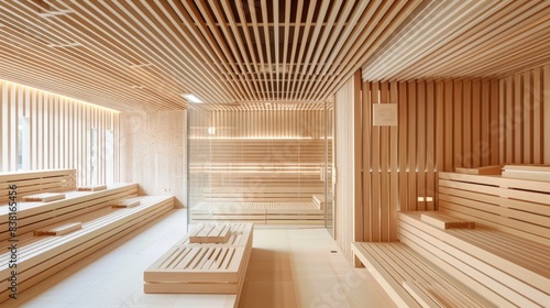 a modern wooden interior in a bathhouse, with many wood slats and wooden benches for a spa and steam room at a luxury hotel or resort with copy space
