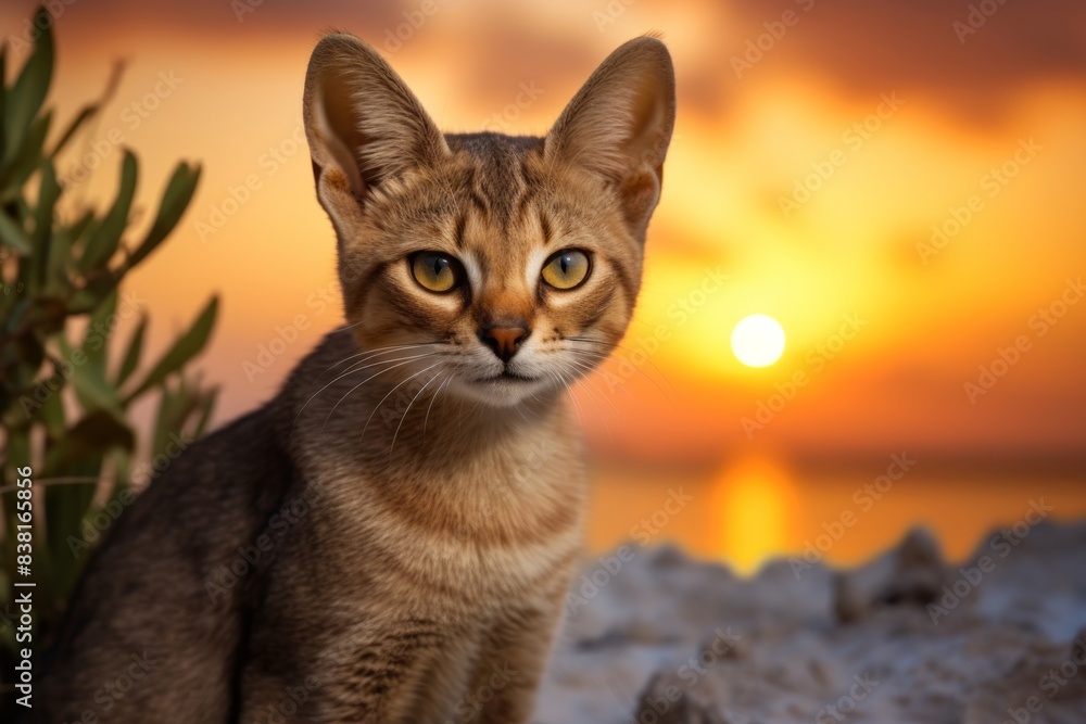 Obraz premium Portrait of a cute chausie cat in front of stunning sunset beach background