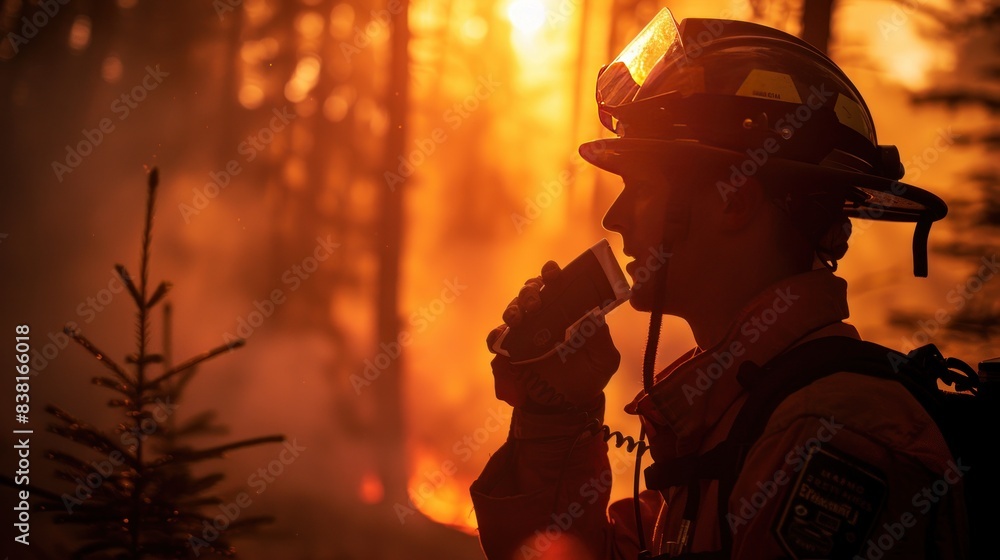 Photograph of a firefighter speaking on the radio during a forest fire. Composite image. Photograph of a firefighter speaking on the radio during a forest fire. Composite image.