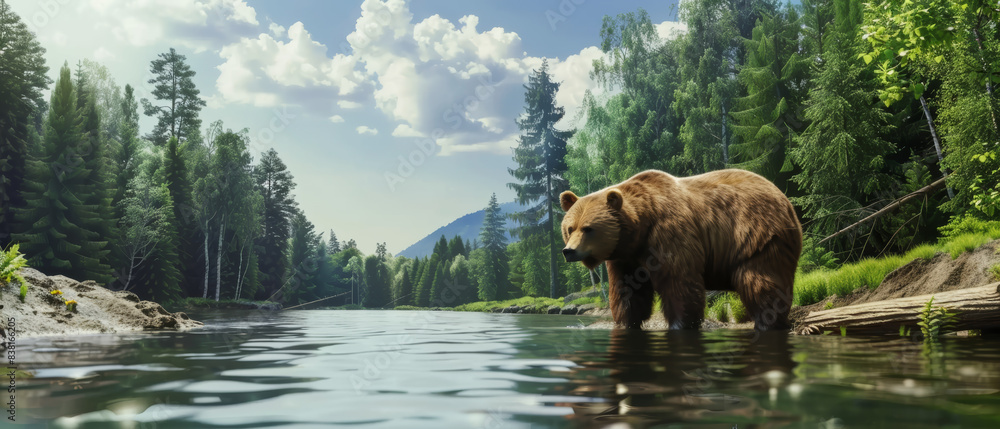 Majestic brown bear roaming by a serene riverside in a lush green forest under a blue sky. Majestic brown bear roaming by a serene riverside in a lush green forest under a blue sky.