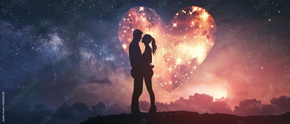 Obraz premium Romantic couple kissing within a heart-shaped nebula under a starry sky.