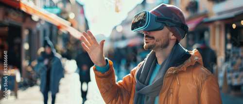 Man explores virtual worlds, gesturing freely in an urban setting with VR headset. photo