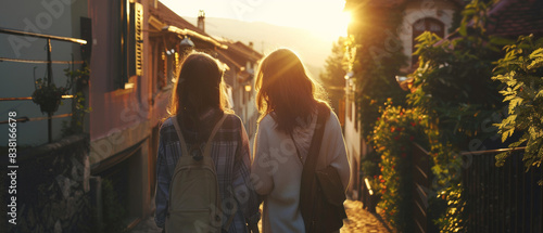 Two friends bask in the golden hour of a sunset, strolling through a quaint village street.