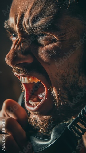 Create a dynamic, eye-catching image of a person shouting into a phone during an argument, with a tilted angle view Emphasize intense facial expressions photo