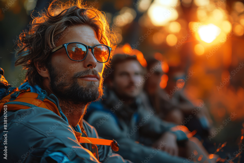 Group of hikers take a break at sunset, enjoying the warm glow of the setting sun. The image focuses on a man in the foreground, wearing sunglasses and a backpack Group of hikers take a break at sunset, enjoying the warm glow of the setting sun. The image focuses on a man in the foreground, wearing sunglasses and a backpack